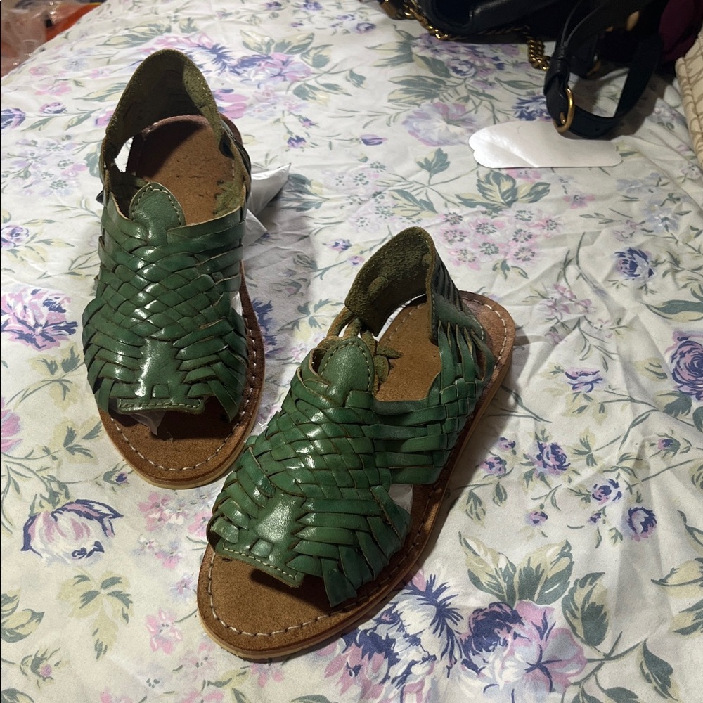 Green Woven Leather Sandals